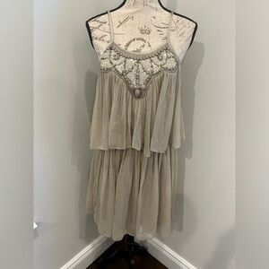 Matty M Womens Taupe Beaded Cocktail Dress